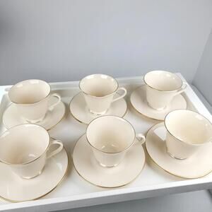 Lenox Cosmopolitan Hayworth Tea Cups & Saucers Set Of 6 Ivory & Gold Rim Collect